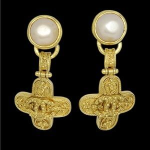 CHANEL Vintage 1994 CC Faux-Pearl Clip-on Cross Earrings
